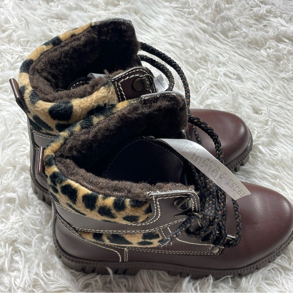 Girls Brown Leopard Print Faux Fur Combat Boots Size 3 Warm Winter Ankle Boots - Picture 3 of 9